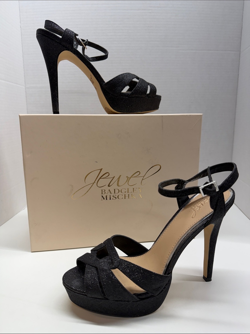 Badgley Mischka Alysa Glitter Platform Slingback High Heel Sandals Black 9.5